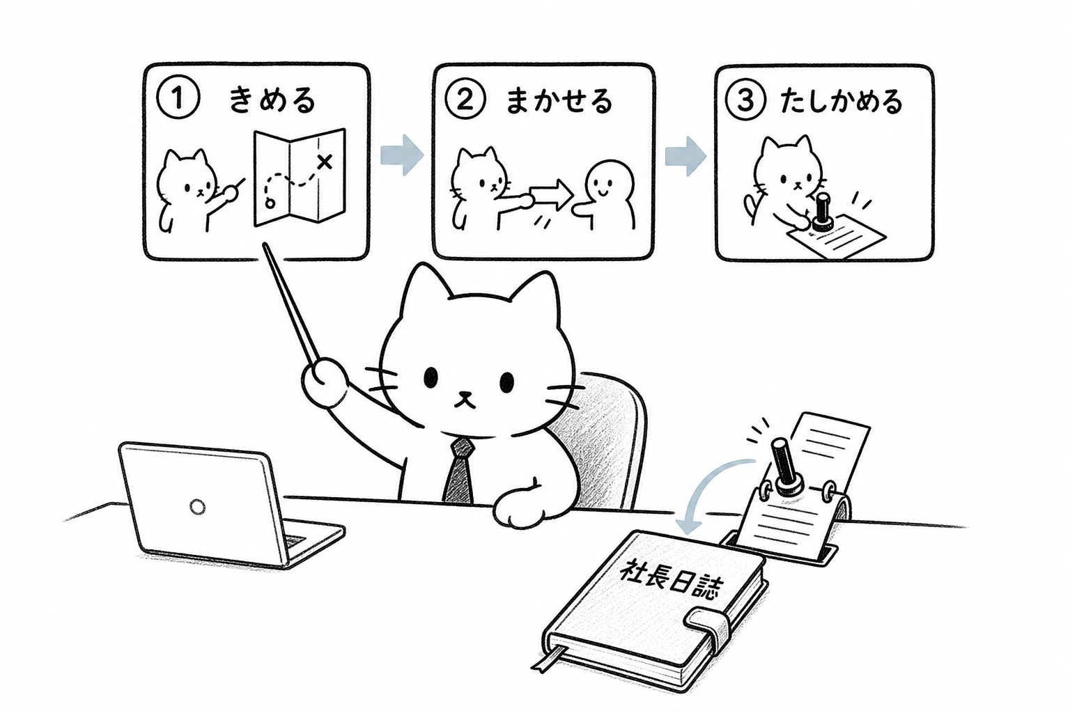 社長ごろが『きめる/まかせる/たしかめる』の三札を示し、押印記録が『社長日誌』へ綴じられる