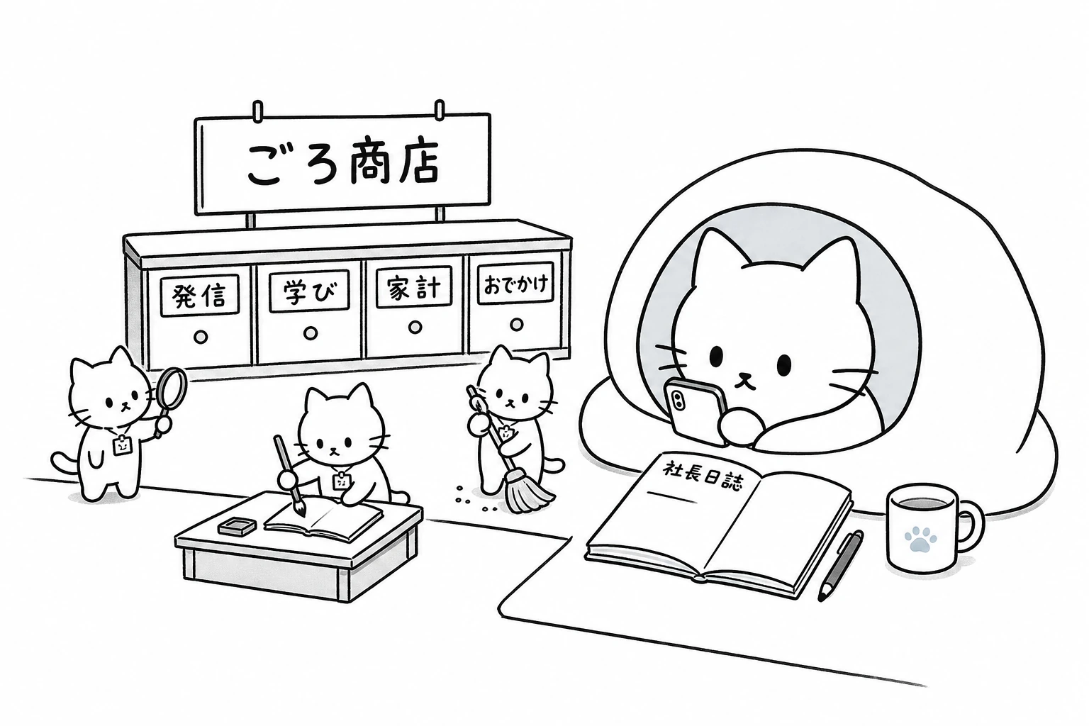 半分布団の社長ごろが、ごろ商店の四部署と働く三部下を眺め、社長日誌の一行に軽く満足する