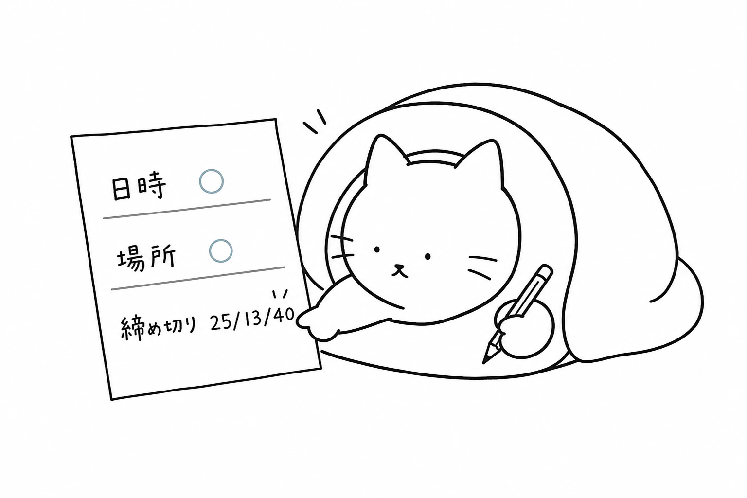 ごろが案内文を一行ずつ確認し、日時と場所を丸で済ませ、締め切りのありえない日付で爪を止める