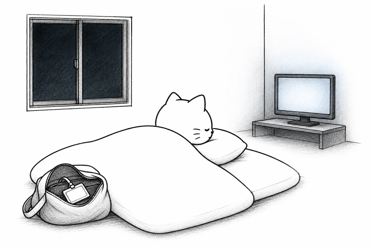 夜の部屋で布団にもぐったごろが、半開きのかばんと名札を枕元に置き、静かな画面を一度見て目を閉じる