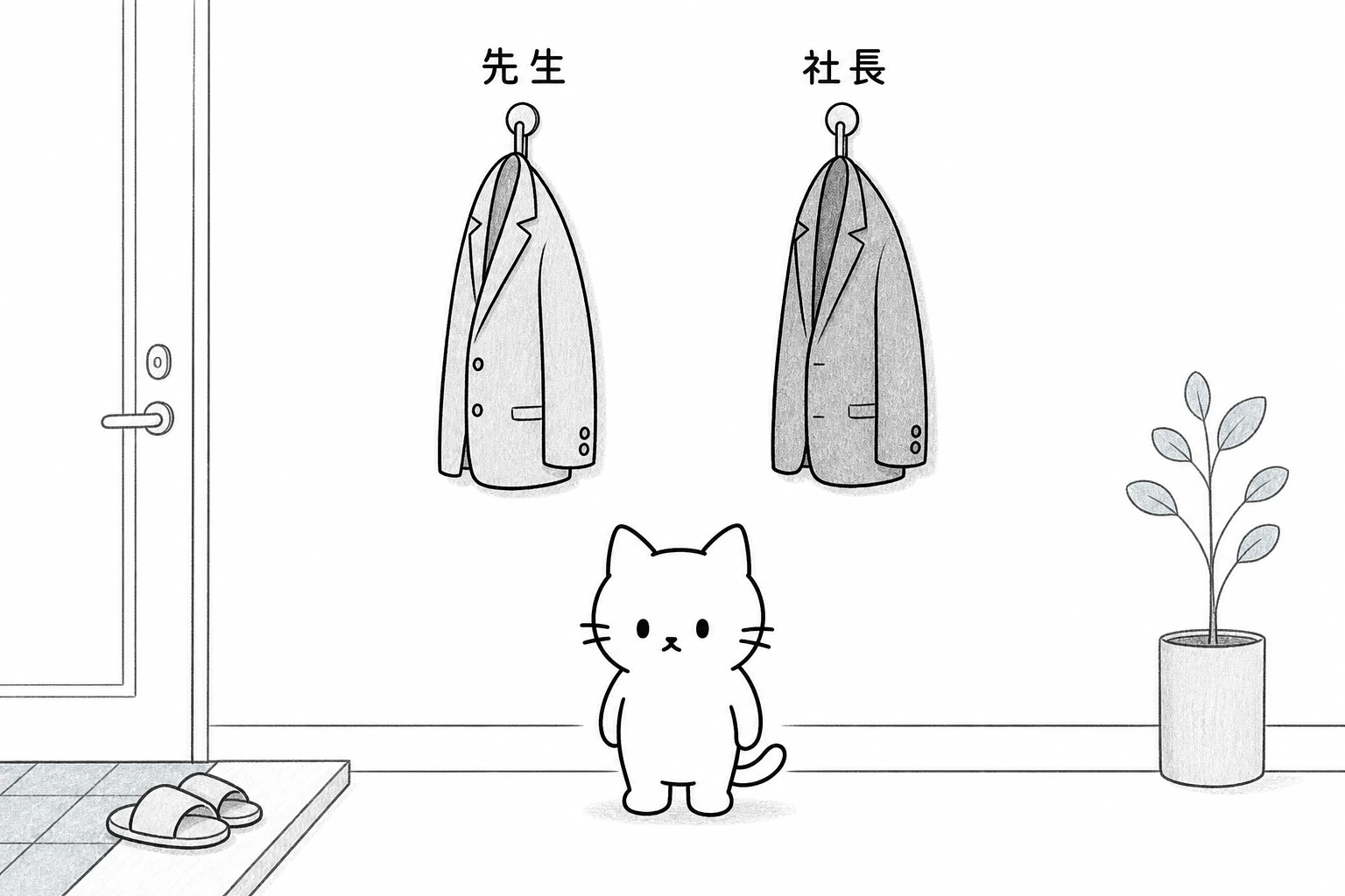 玄関の『先生』『社長』フックに二枚の上着を掛け、肩の力を抜いた一匹のごろがいつもの姿へ戻る
