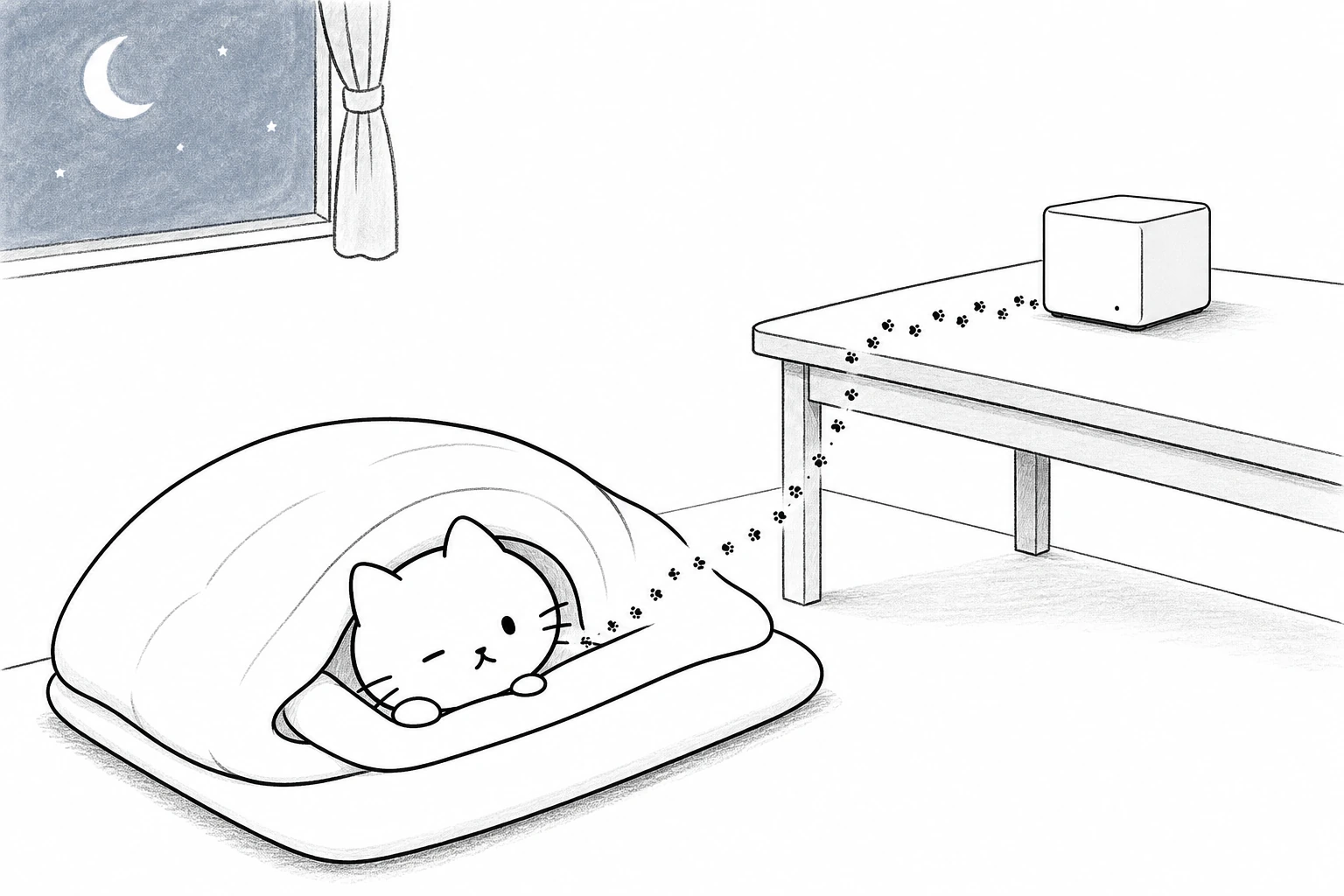 夜の布団で片目を開けたごろが、机の小さな四角い箱から続く足あとを見て、そのまま二度寝する