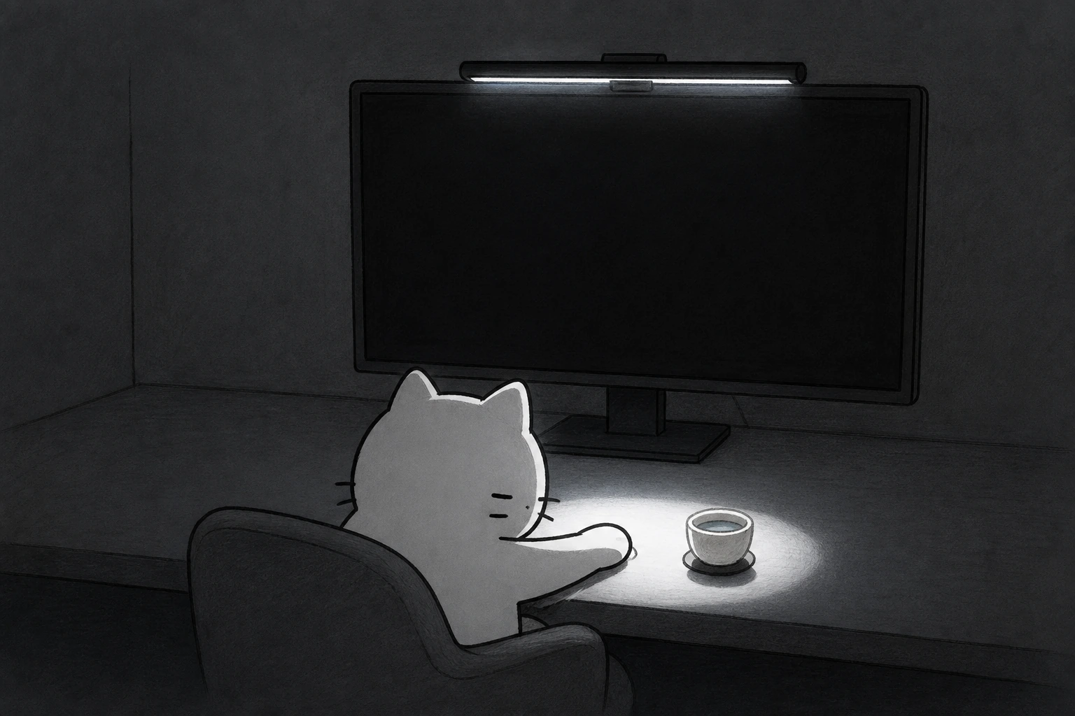 暗い部屋で細長いモニターライトが、ごろの片手と小さなお茶だけを冷たい白い輪で照らす