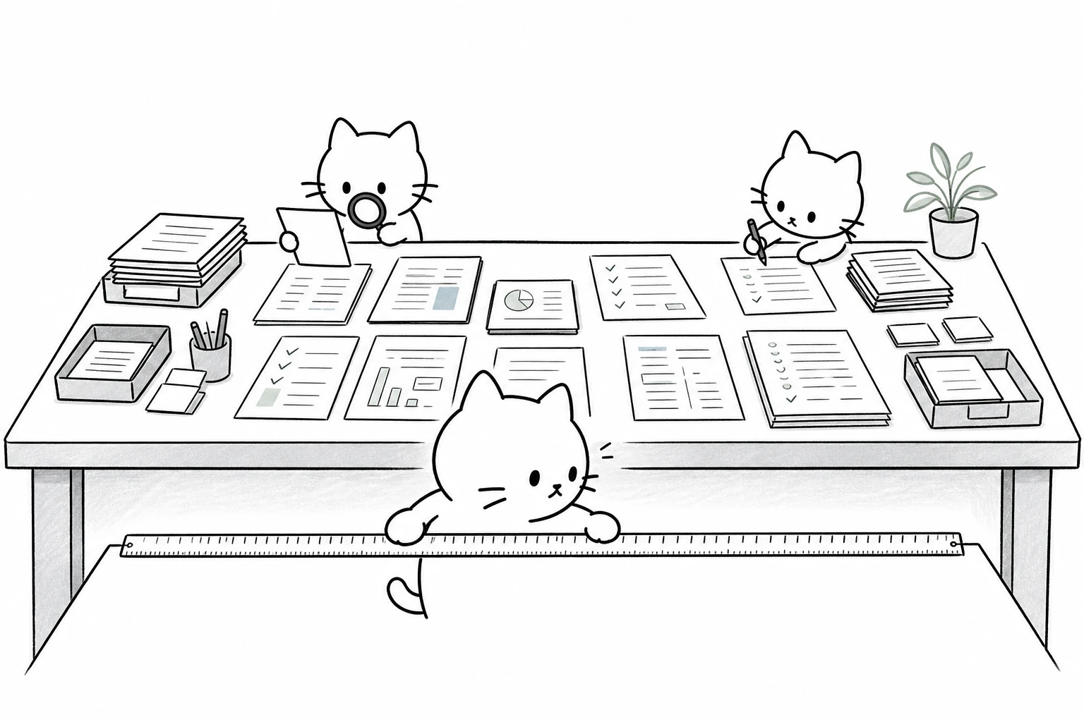 広い机いっぱいの書類を二匹の相棒が処理する横で、ごろが机の端を長いものさしでこっそり測る