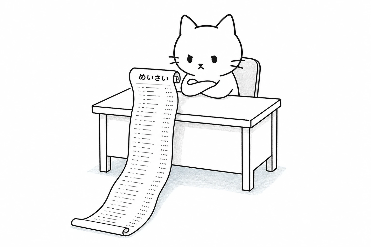 月末の机で『めいさい』の長い巻物を床まで広げ、前足を組んで雇い主の顔になるごろ