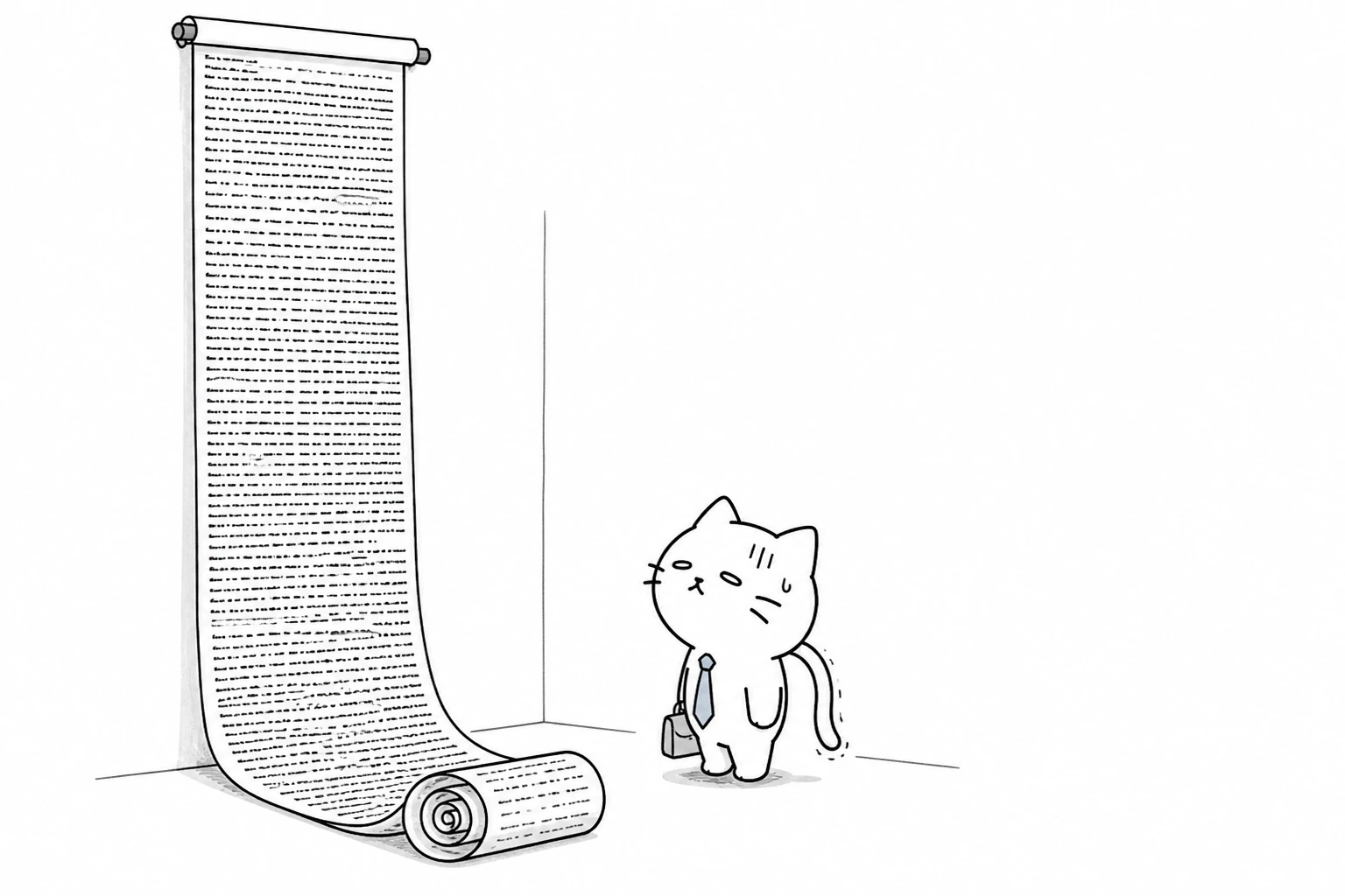 壁から床までびっしり文字の長い置き手紙を前に、ごろの目としっぽが途中で力尽きる
