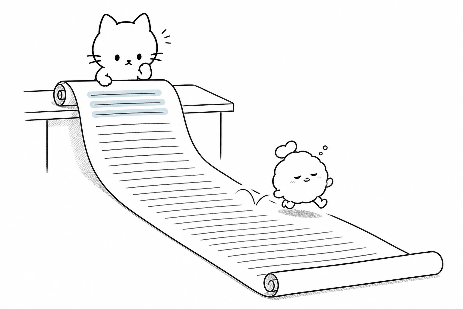 長い置き手紙の上三行だけを青灰色で強調し、中ほどを眠そうな相棒が読み飛ばすのをごろが見守る