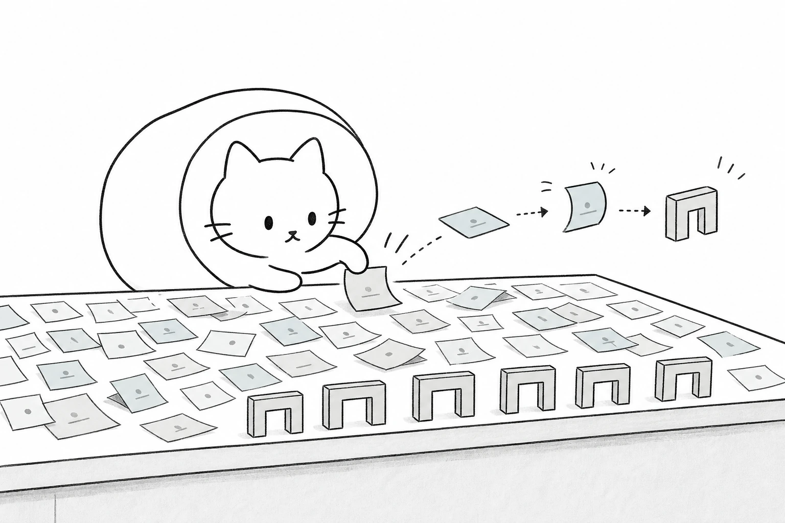 机いっぱいの付箋をごろが剥がすと、空中で三段階に小さな門へ変わり、机の縁に並んで立つ