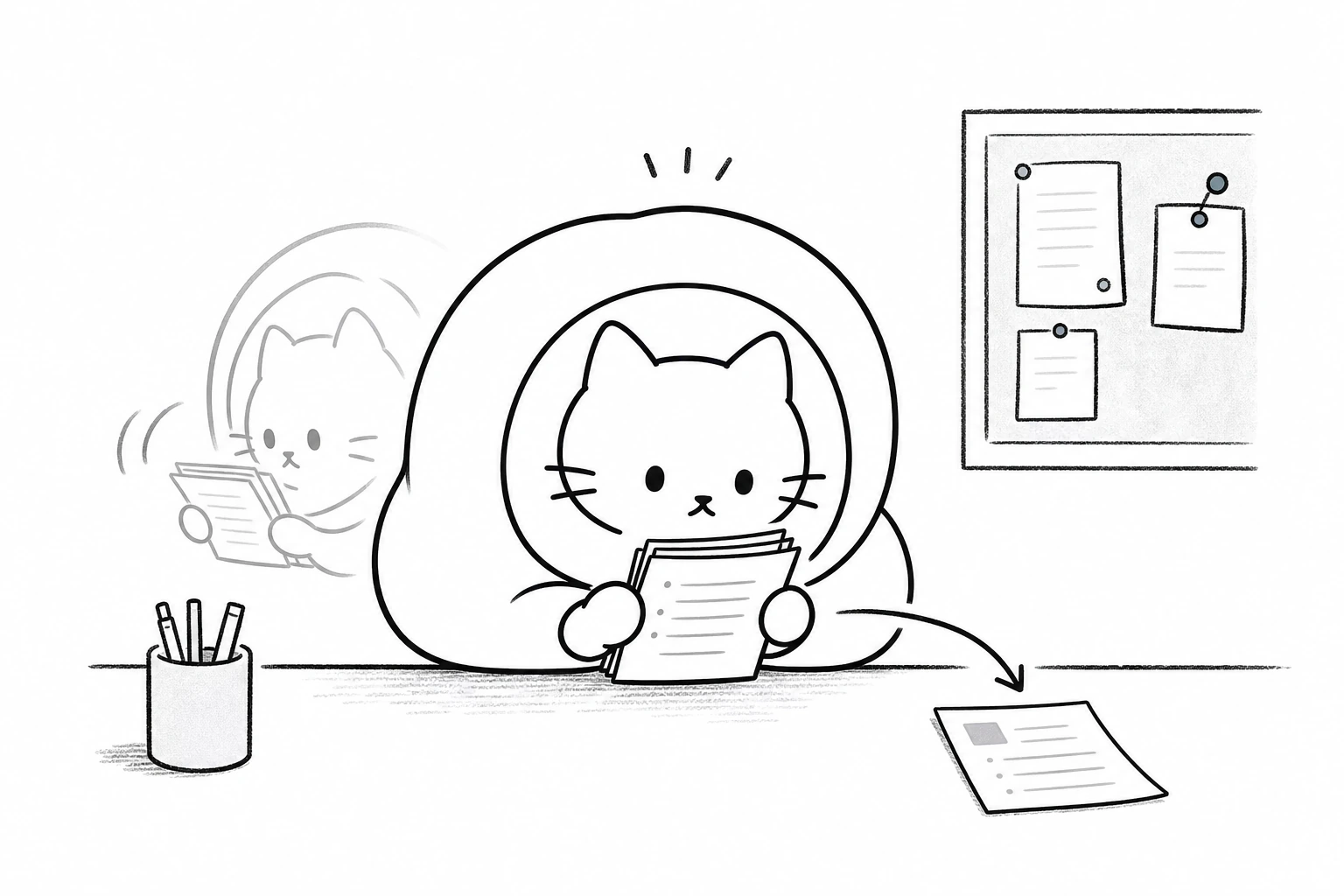 貼ろうとした紙束をごろがいったん引き戻して中身を確かめ、一枚だけ抜いて残りを持ち直す