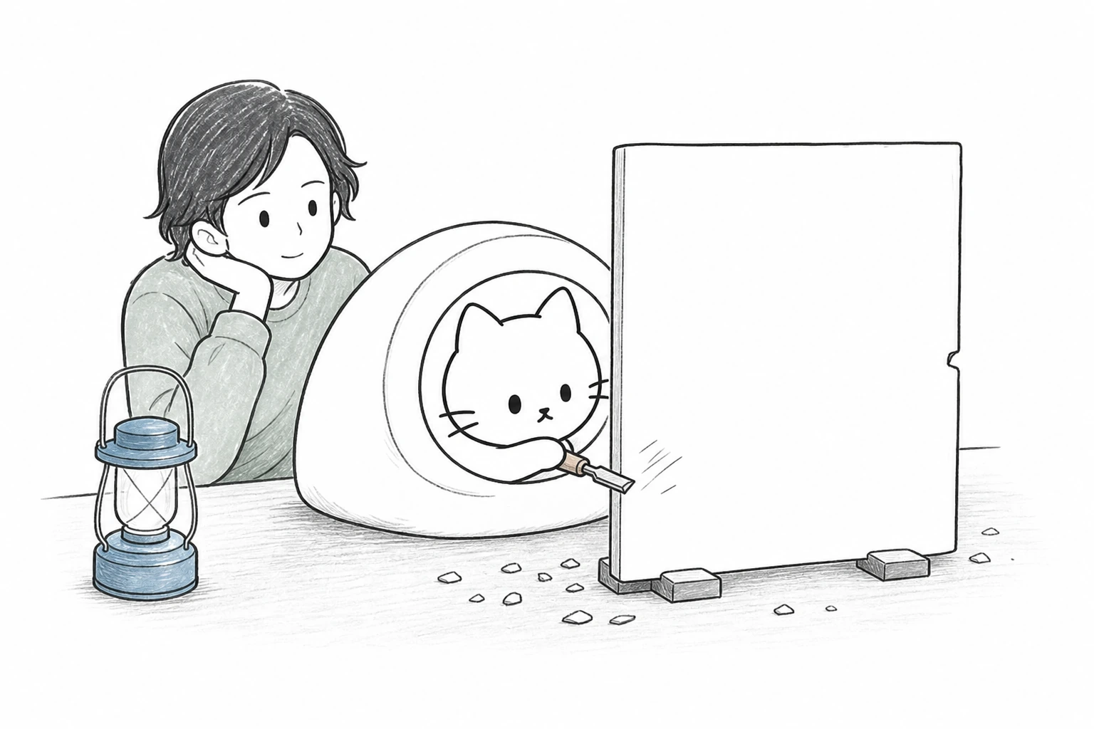 ごろのデスクに、まだ何も書かれていない一枚の白い板が立てかけられている。これから彫っていくただの板をごろが彫り、相棒が眺めている