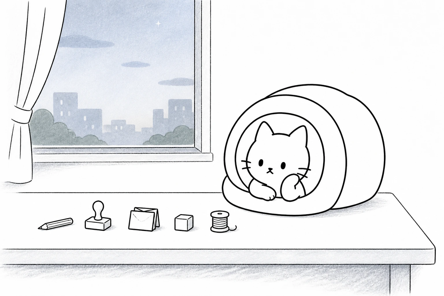 暗くなりかけたデスクの端に、これまで一人でこねてきた道具が小さく並ぶ。ごろは窓の外を眺めながら前足で頬をつつく