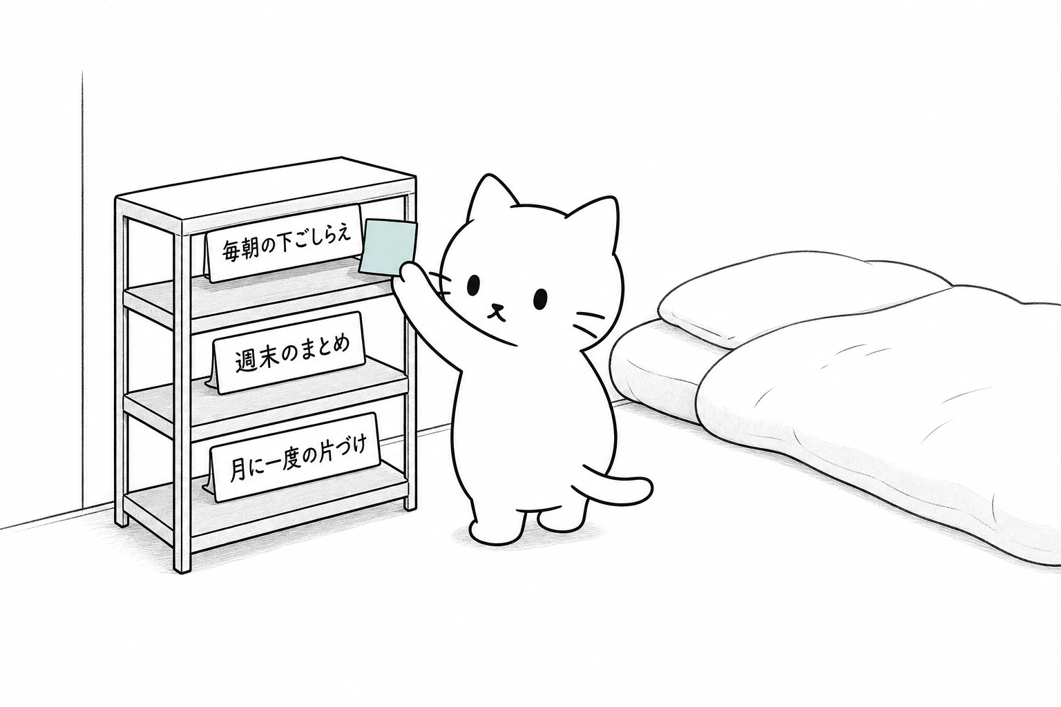 机の隅に三段の小さな棚。ごろは付箋を一枚、上段にそっと載せ終えて、うしろの布団を振り返る
