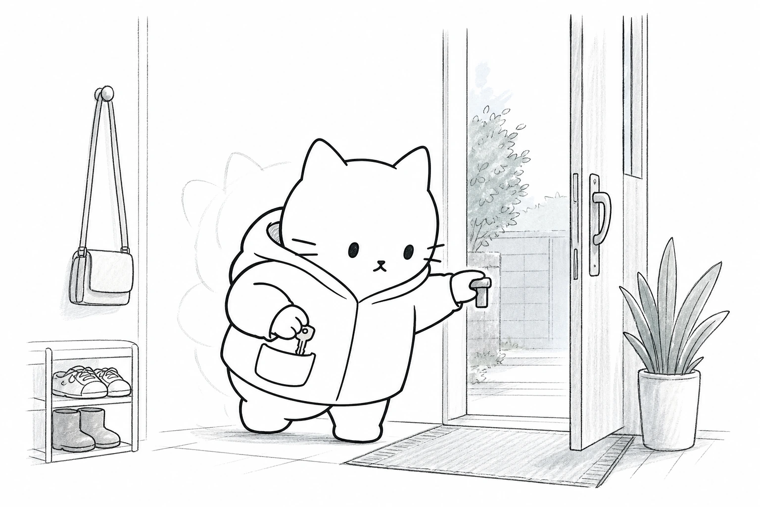 玄関でごろが小さな鍵を確認し、自分のポケットへしまってから戸を開ける