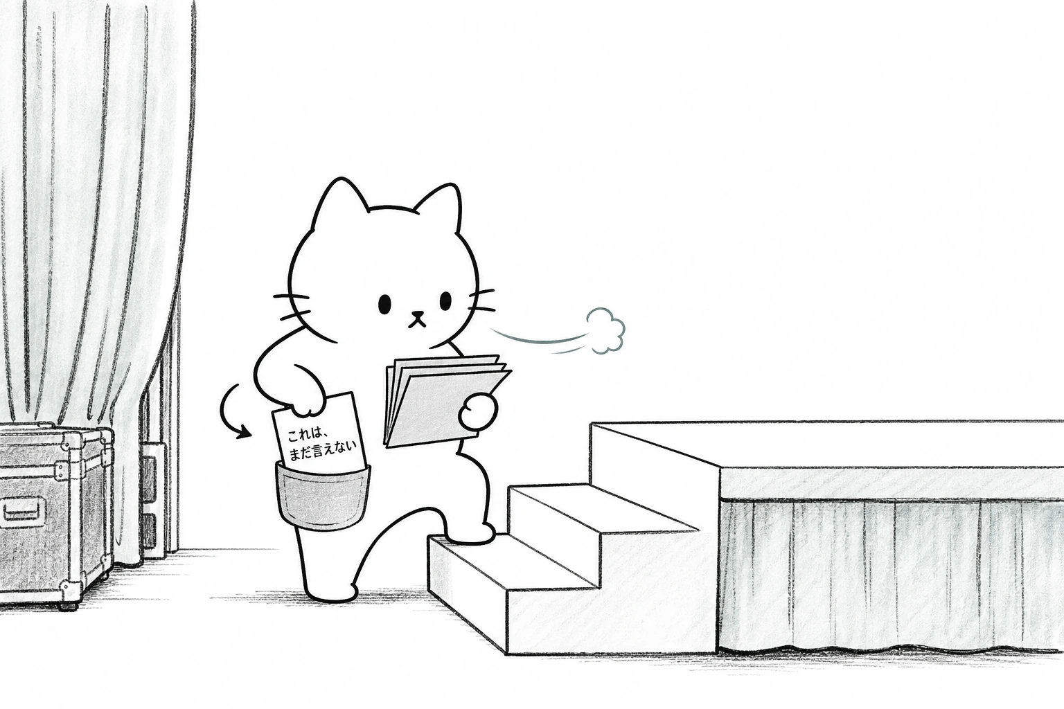 壇に上がる前、ごろが資料から一枚だけ抜き、まだ言えない紙をポケットにしまって深呼吸する