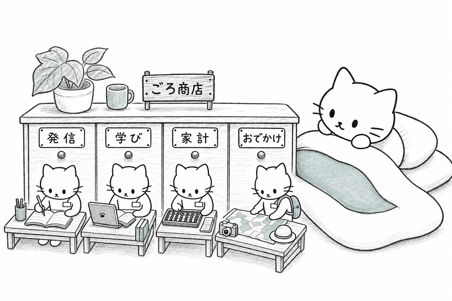 ごろ商店の看板と四つの役割の引き出し。小さなごろたちが働き、社長ごろは布団から眺める