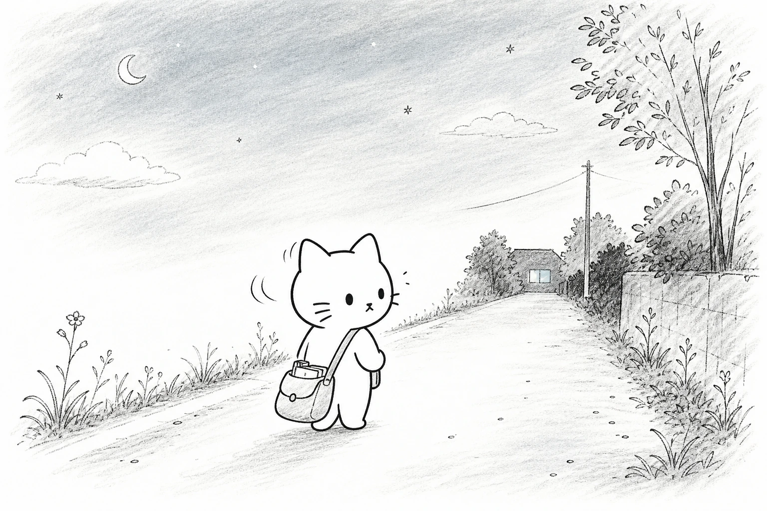 夕暮れの帰り道、少しふくらんだかばんを下げたごろが振り返り、家へ向き直る