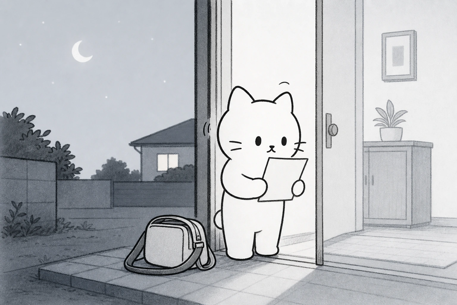 玄関でかばんから一枚だけ紙を取り出してうなずき、戸を開けるごろ。外と中の光が半分ずつ照らす