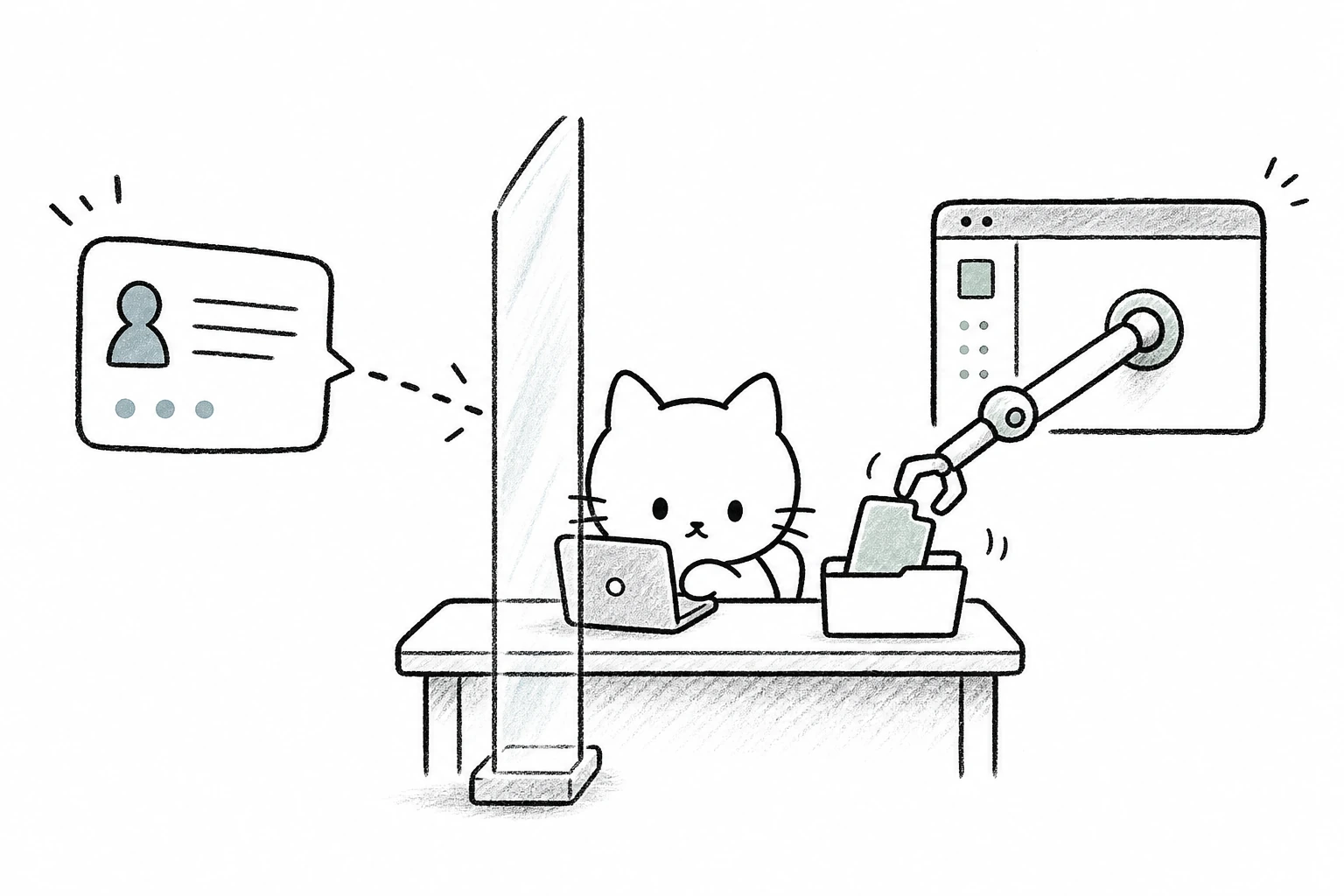 ガラス越しで止まる助言と、ごろの机まで届いてファイルを整える相棒の手を対比する
