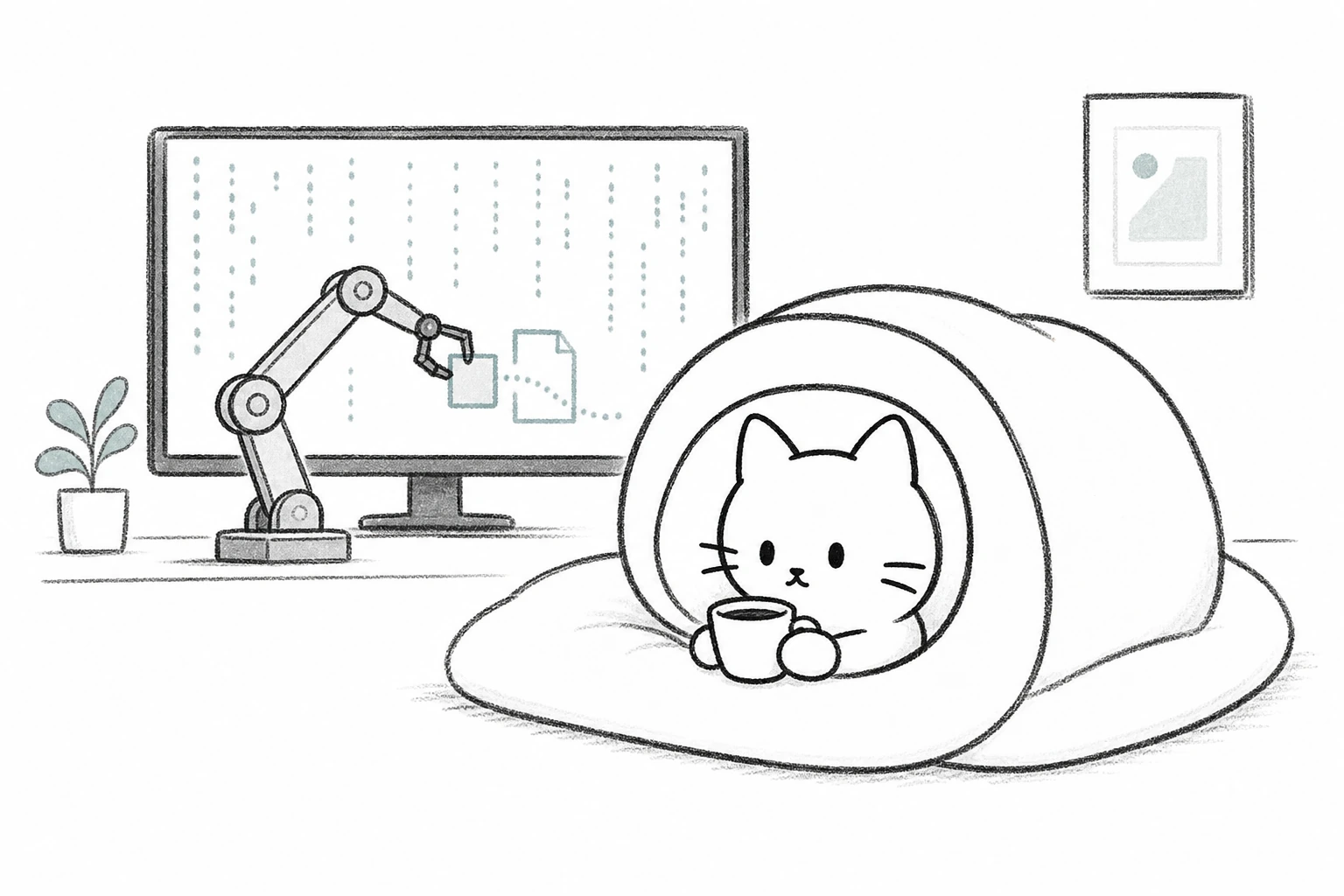 画面で細いコード表示と相棒の作業が進む間、ごろは湯呑みを持って落ち着いて見守る